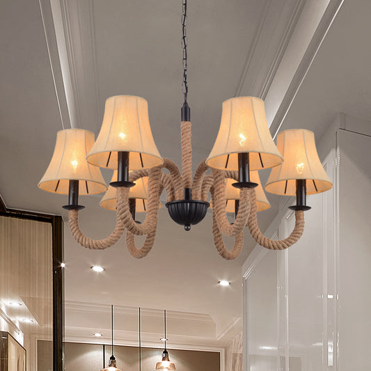 Vintage Curved Arm Ceiling Chandelier 6 Bulbs Rope Hanging Light Fixture in Beige with Empire Fabric Shade Clearhalo 'Ceiling Lights' 'Chandeliers' 'Industrial Chandeliers' 'Industrial' 'Middle Century Chandeliers' 'Tiffany' Lighting' 493817