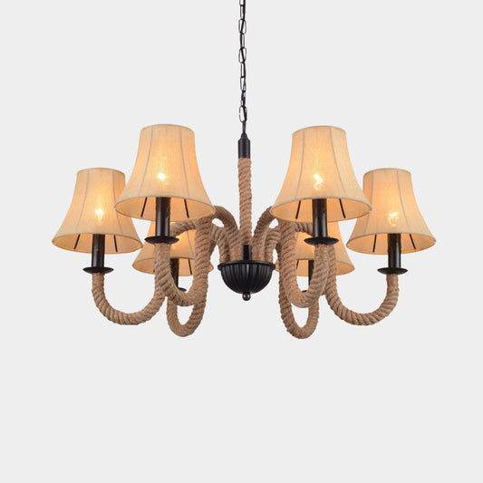 Vintage Curved Arm Ceiling Chandelier 6 Bulbs Rope Hanging Light Fixture in Beige with Empire Fabric Shade Clearhalo 'Ceiling Lights' 'Chandeliers' 'Industrial Chandeliers' 'Industrial' 'Middle Century Chandeliers' 'Tiffany' Lighting' 493819