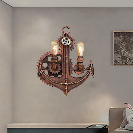 2 Bulbs Anchor Wall Mount Light with Gear Deco Antique Style Aged Brass/Rust Wrought Iron Sconce Lamp for Restaurant Rust Clearhalo 'Art deco wall lights' 'Cast Iron' 'Glass' 'Industrial wall lights' 'Industrial' 'Middle century wall lights' 'Modern' 'Rustic wall lights' 'Tiffany' 'Traditional wall lights' 'Wall Lamps & Sconces' 'Wall Lights' Lighting' 493842
