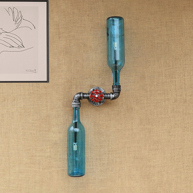 Glass Gray/Blue Wall Sconce Light Wine Bottle 2 Lights Industrial Style Wall Mount Light for Living Room Clearhalo 'Cast Iron' 'Glass' 'Industrial wall lights' 'Industrial' 'Middle century wall lights' 'Modern' 'Tiffany' 'Traditional wall lights' 'Wall Lamps & Sconces' 'Wall Lights' Lighting' 493844