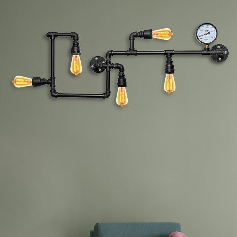 5 Bulbs Wall Lighting Vintage Style Twisted Pipe Metallic Wall Mounted Lamp with Pressure Gauge in Black Clearhalo 'Art deco wall lights' 'Cast Iron' 'Glass' 'Industrial wall lights' 'Industrial' 'Middle century wall lights' 'Modern' 'Rustic wall lights' 'Tiffany' 'Traditional wall lights' 'Wall Lamps & Sconces' 'Wall Lights' Lighting' 493863