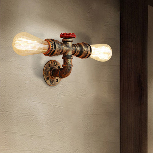 Bronze/Antique Brass 2 Heads Wall Light Fixture Warehouse Style Wrought Iron Bare Bulb Sconce Lamp with Pipe and Valve Clearhalo 'Art deco wall lights' 'Cast Iron' 'Glass' 'Industrial wall lights' 'Industrial' 'Middle century wall lights' 'Modern' 'Rustic wall lights' 'Tiffany' 'Traditional wall lights' 'Wall Lamps & Sconces' 'Wall Lights' Lighting' 493874