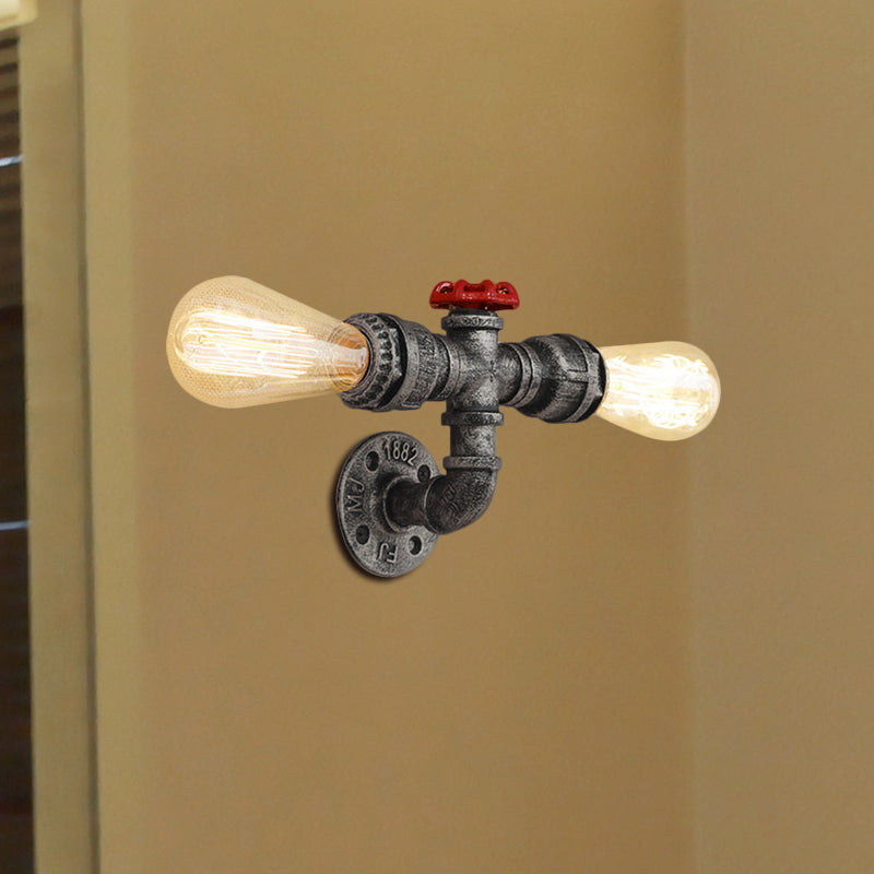 Bronze/Antique Brass 2 Heads Wall Light Fixture Warehouse Style Wrought Iron Bare Bulb Sconce Lamp with Pipe and Valve Clearhalo 'Art deco wall lights' 'Cast Iron' 'Glass' 'Industrial wall lights' 'Industrial' 'Middle century wall lights' 'Modern' 'Rustic wall lights' 'Tiffany' 'Traditional wall lights' 'Wall Lamps & Sconces' 'Wall Lights' Lighting' 493876