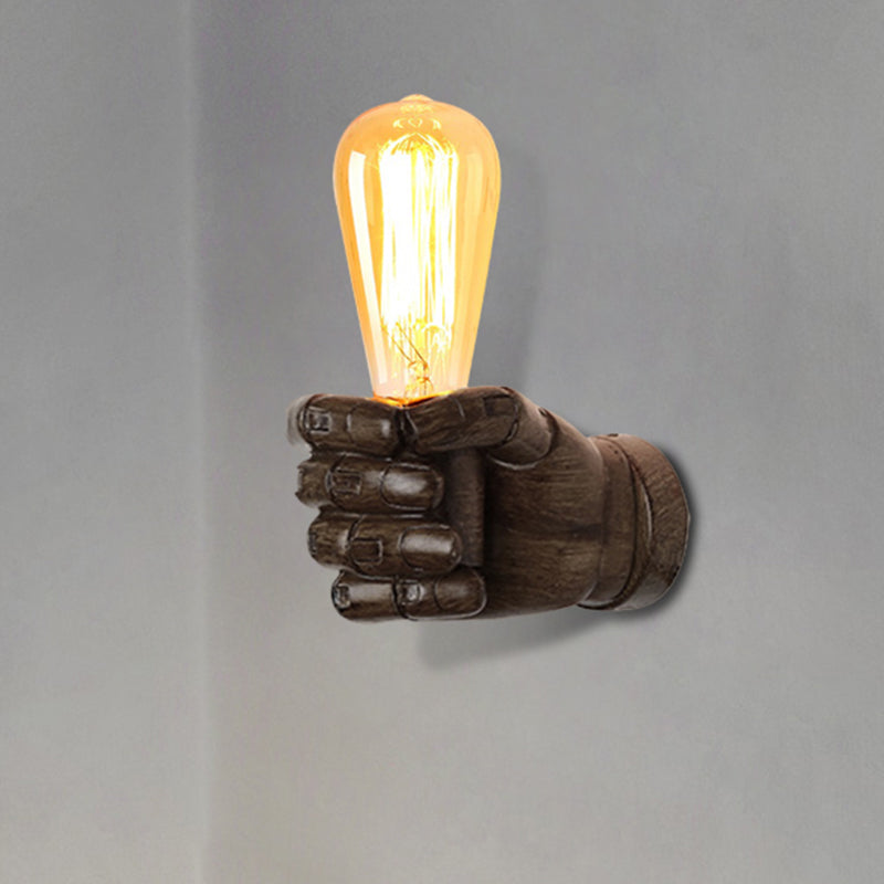 Black/White Bare Bulb Sconce Light with Hand Shape Base Vintage Style Wood 1 Light Restaurant Wall Lamp Brown Right Clearhalo 'Industrial wall lights' 'Industrial' 'Middle century wall lights' 'Rustic wall lights' 'Tiffany' 'Wall Lamps & Sconces' 'Wall Lights' Lighting' 493879