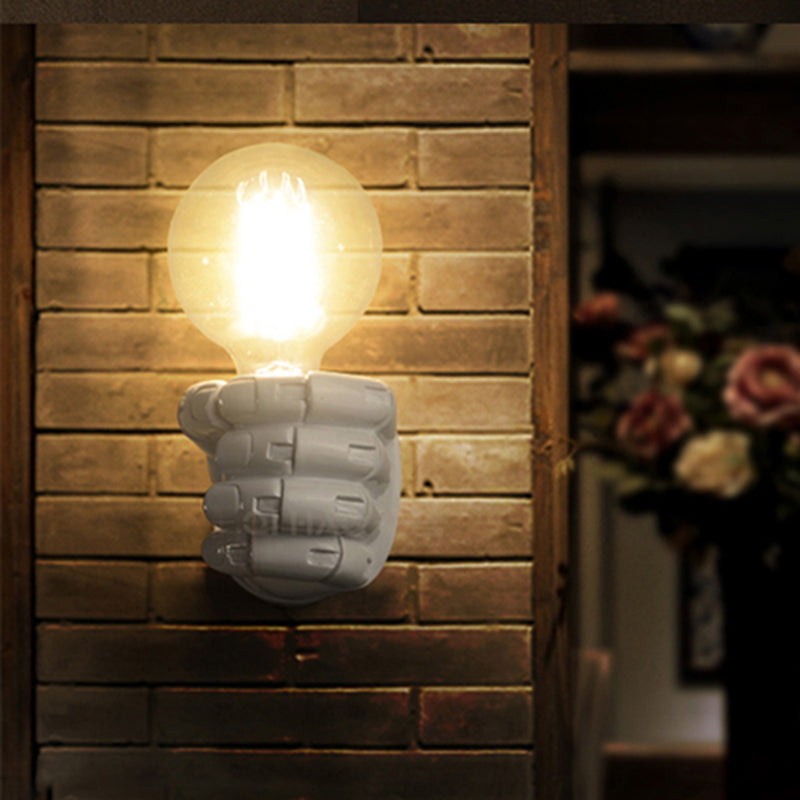 Black/White Bare Bulb Sconce Light with Hand Shape Base Vintage Style Wood 1 Light Restaurant Wall Lamp White Left Clearhalo 'Industrial wall lights' 'Industrial' 'Middle century wall lights' 'Rustic wall lights' 'Tiffany' 'Wall Lamps & Sconces' 'Wall Lights' Lighting' 493881
