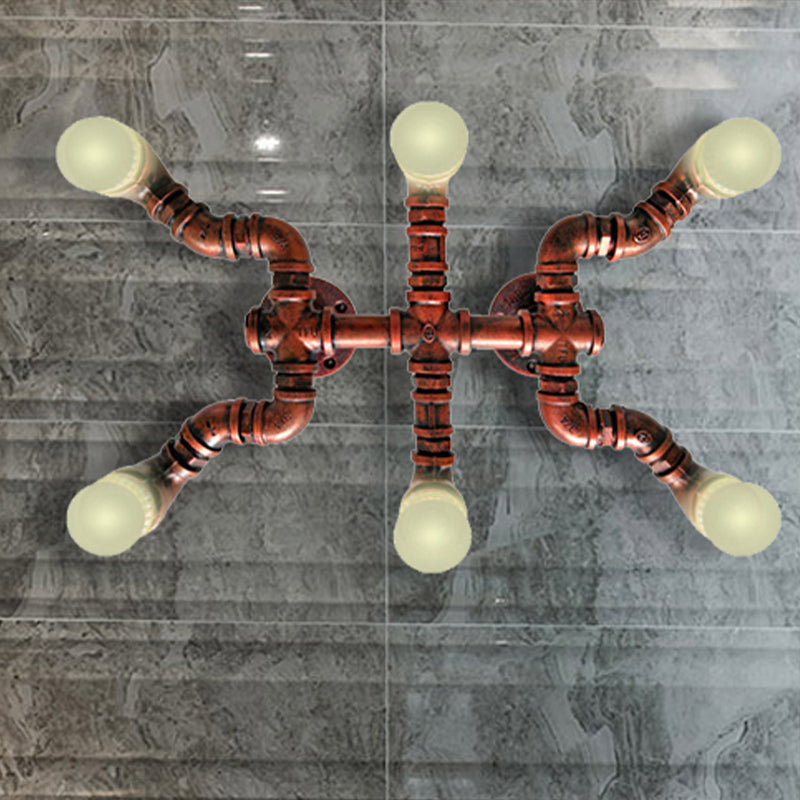 6 Bulbs Wrought Iron Ceiling Lighting Antique Stylish Black/Weathered Copper Water Pipe Indoor Semi Flush Mount Light Clearhalo 'Ceiling Lights' 'Close To Ceiling Lights' 'Close to ceiling' 'Semi-flushmount' Lighting' 493883