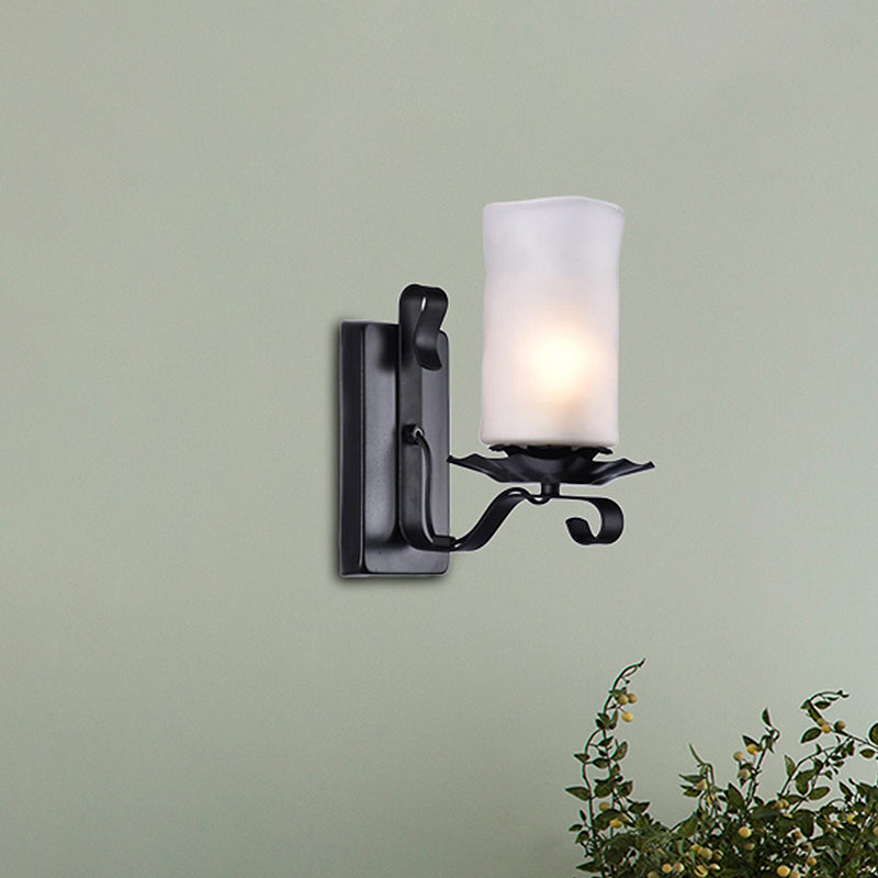 Cylinder Bathroom Sconce Light Fixture Industrial Frosted Glass 1 Light Black Wall Lamp Clearhalo 'Cast Iron' 'Glass' 'Industrial wall lights' 'Industrial' 'Middle century wall lights' 'Modern' 'Tiffany' 'Traditional wall lights' 'Wall Lamps & Sconces' 'Wall Lights' Lighting' 493943