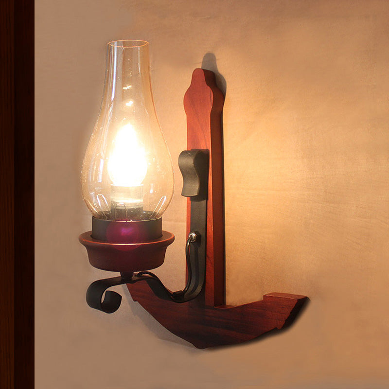 Vase Porch Sconce Light Fixture Industrial Clear Glass Rust Wall Lamp with Wooden Backplate Clearhalo 'Industrial wall lights' 'Industrial' 'Middle century wall lights' 'Rustic wall lights' 'Tiffany' 'Wall Lamps & Sconces' 'Wall Lights' Lighting' 493944
