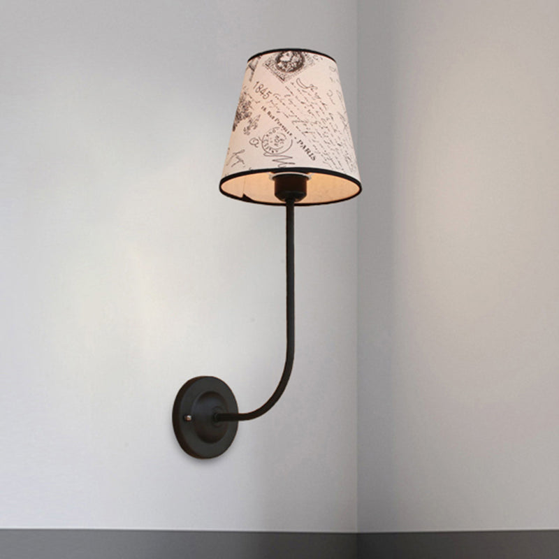 Vintage Conical Wall Lamp 1 Head Fabric and Metal Wall Mount Fixture with Curved Arm in White Clearhalo 'Industrial wall lights' 'Industrial' 'Middle century wall lights' 'Rustic wall lights' 'Tiffany' 'Wall Lamps & Sconces' 'Wall Lights' Lighting' 493965