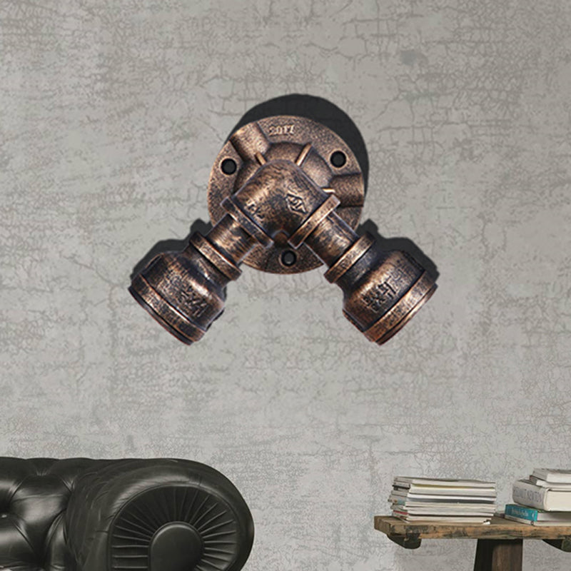 2 Heads Wall Sconce Fixture with Pipe Wrought Iron Shade Rustic Style Living Room Wall Fixture Light in Aged Bronze Clearhalo 'Art deco wall lights' 'Cast Iron' 'Glass' 'Industrial wall lights' 'Industrial' 'Middle century wall lights' 'Modern' 'Rustic wall lights' 'Tiffany' 'Traditional wall lights' 'Wall Lamps & Sconces' 'Wall Lights' Lighting' 493974