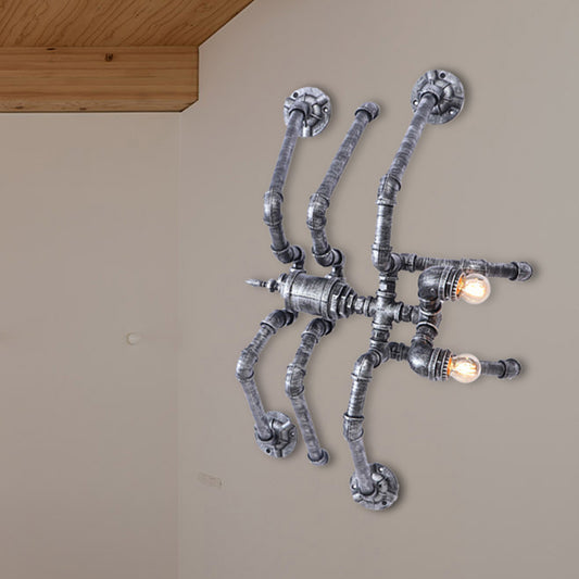 2 Bulbs Iron Wall Mount Lighting Industrial Style Bronze/Silver Water Pipe Corridor Wall Lamp with Spider Design Clearhalo 'Art deco wall lights' 'Cast Iron' 'Glass' 'Industrial wall lights' 'Industrial' 'Middle century wall lights' 'Modern' 'Rustic wall lights' 'Tiffany' 'Traditional wall lights' 'Wall Lamps & Sconces' 'Wall Lights' Lighting' 493975