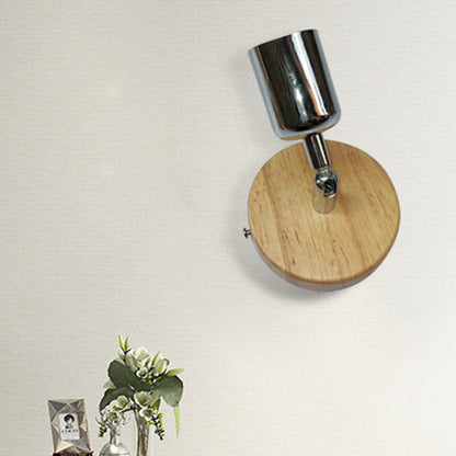 Cup Shaped Metal Wall Lamp Lodge 1 Light Living Room Wall Mount Fixture with Circular Wooden Backplate in Silver/Gold Silver Clearhalo 'Industrial wall lights' 'Industrial' 'Middle century wall lights' 'Rustic wall lights' 'Tiffany' 'Wall Lamps & Sconces' 'Wall Lights' Lighting' 493983