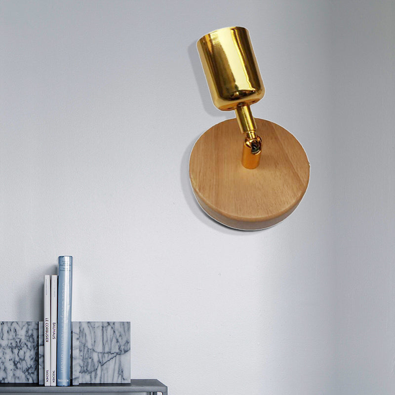 Cup Shaped Metal Wall Lamp Lodge 1 Light Living Room Wall Mount Fixture with Circular Wooden Backplate in Silver/Gold Clearhalo 'Industrial wall lights' 'Industrial' 'Middle century wall lights' 'Rustic wall lights' 'Tiffany' 'Wall Lamps & Sconces' 'Wall Lights' Lighting' 493985