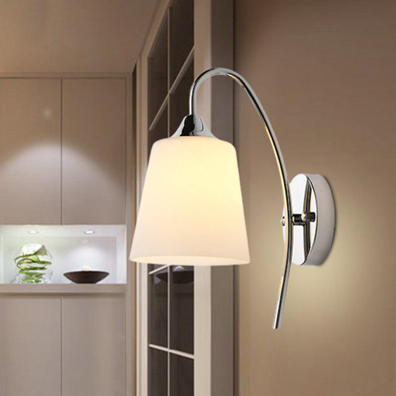 Bell Milk Glass Sconce Light Modernist 1 Light Chrome Wall Mounted Lamp with Curved Arm Chrome Clearhalo 'Cast Iron' 'Glass' 'Industrial' 'Modern wall lights' 'Modern' 'Tiffany' 'Traditional wall lights' 'Wall Lamps & Sconces' 'Wall Lights' Lighting' 494112