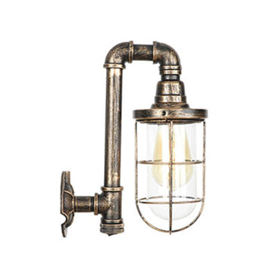 Iron Aged Brass Wall Fixture Light Wire Cage 1 Bulb Rustic Stylish Wall Mount Light with Plumbing Pipe Antique Brass A Clearhalo 'Art deco wall lights' 'Cast Iron' 'Glass' 'Industrial wall lights' 'Industrial' 'Middle century wall lights' 'Modern' 'Rustic wall lights' 'Tiffany' 'Traditional wall lights' 'Wall Lamps & Sconces' 'Wall Lights' Lighting' 49416
