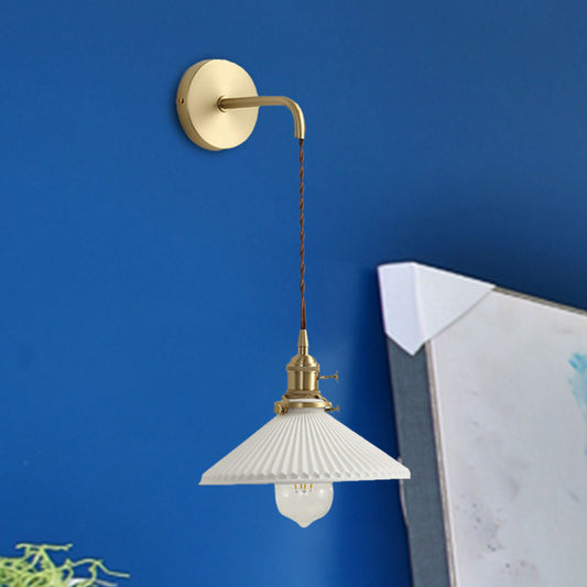 Ceramics Ribbed Cone Sconce Light 1 Light Modern Stylish Hanging Wall Lamp in White for Corridor Clearhalo 'Cast Iron' 'Glass' 'Industrial' 'Modern wall lights' 'Modern' 'Tiffany' 'Traditional wall lights' 'Wall Lamps & Sconces' 'Wall Lights' Lighting' 494187
