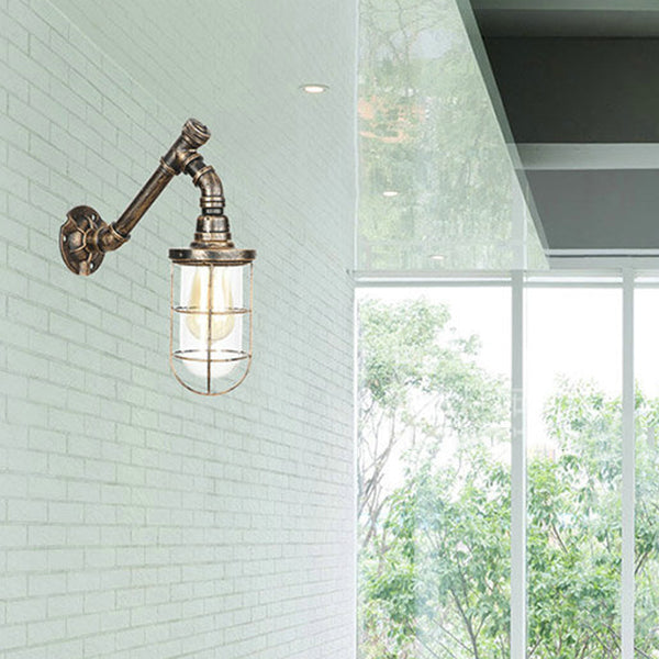 Iron Aged Brass Wall Fixture Light Wire Cage 1 Bulb Rustic Stylish Wall Mount Light with Plumbing Pipe Antique Brass F Clearhalo 'Art deco wall lights' 'Cast Iron' 'Glass' 'Industrial wall lights' 'Industrial' 'Middle century wall lights' 'Modern' 'Rustic wall lights' 'Tiffany' 'Traditional wall lights' 'Wall Lamps & Sconces' 'Wall Lights' Lighting' 49419