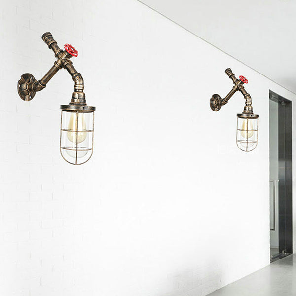 Iron Aged Brass Wall Fixture Light Wire Cage 1 Bulb Rustic Stylish Wall Mount Light with Plumbing Pipe Antique Brass E Clearhalo 'Art deco wall lights' 'Cast Iron' 'Glass' 'Industrial wall lights' 'Industrial' 'Middle century wall lights' 'Modern' 'Rustic wall lights' 'Tiffany' 'Traditional wall lights' 'Wall Lamps & Sconces' 'Wall Lights' Lighting' 49421