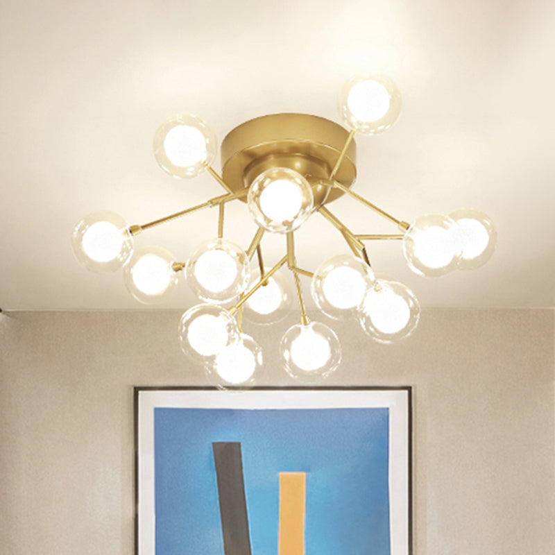 Multi-head Plant Semi Ceiling Mount Light Romantic Metal Glass Ceiling Lamp in Gold for Hotel 15 Gold Clearhalo 'Ceiling Lights' 'Close To Ceiling Lights' 'Close to ceiling' 'Glass shade' 'Glass' 'Semi-flushmount' Lighting' 494394