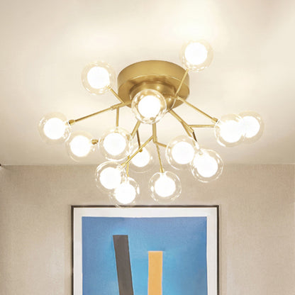 Multi-head Plant Semi Ceiling Mount Light Romantic Metal Glass Ceiling Lamp in Gold for Hotel 15 Gold Clearhalo 'Ceiling Lights' 'Close To Ceiling Lights' 'Close to ceiling' 'Glass shade' 'Glass' 'Semi-flushmount' Lighting' 494394