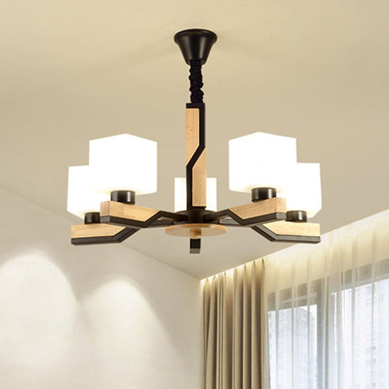 Nordic Style Cube Shade Hanging Lamp 3/5 Heads Wooden Ceiling Chandelier for Living Room Clearhalo 'Carpenter Chandeliers' 'Ceiling Lights' 'Chandeliers' 'Industrial' 'Modern Chandeliers' 'Modern' Lighting' 494411