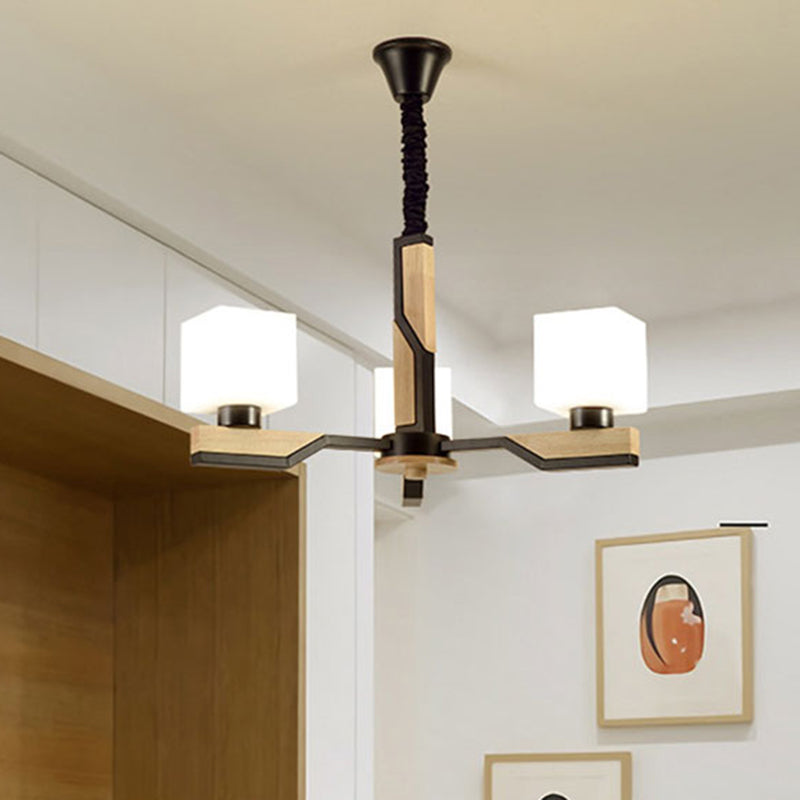 Nordic Style Cube Shade Hanging Lamp 3/5 Heads Wooden Ceiling Chandelier for Living Room 3 Black Clearhalo 'Carpenter Chandeliers' 'Ceiling Lights' 'Chandeliers' 'Industrial' 'Modern Chandeliers' 'Modern' Lighting' 494412