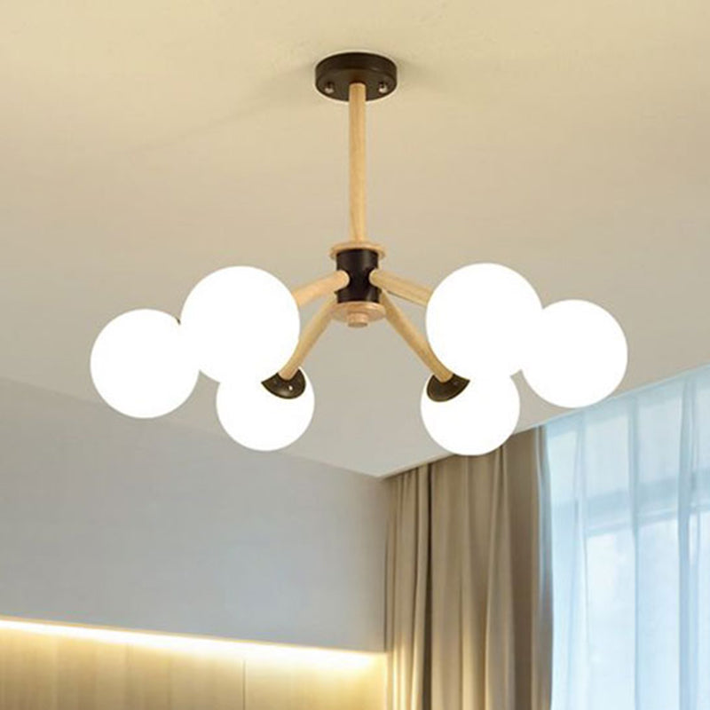 White Glass Grape Ceiling Chandelier 6 Lights Modern Suspended Light with Wood Branch Clearhalo 'Carpenter Chandeliers' 'Ceiling Lights' 'Chandeliers' 'Industrial' 'Modern Chandeliers' 'Modern' Lighting' 494413