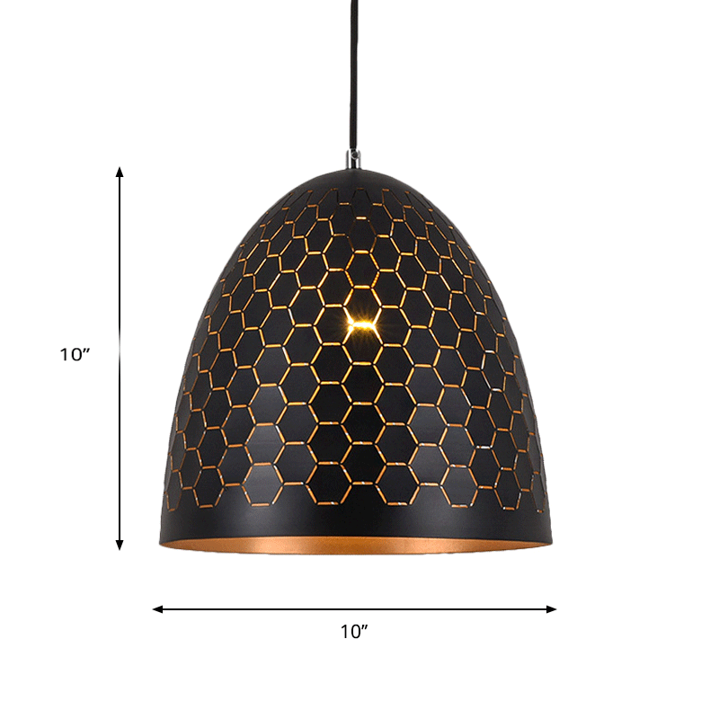 1 Bulb Domed Drop Pendant Factory Black Metal Suspension Light with Honeycomb Pattern, 10"/12"/16" Wide Clearhalo 'Art Deco Pendants' 'Black' 'Cast Iron' 'Ceiling Lights' 'Ceramic' 'Crystal' 'Industrial Pendants' 'Industrial' 'Metal' 'Middle Century Pendants' 'Pendant Lights' 'Pendants' 'Rustic Pendants' 'Tiffany' Lighting' 4_3a367969-836e-4d03-bb2c-a7f85f19e6a2