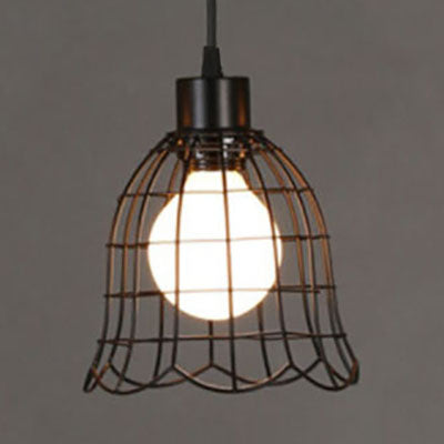 1 Head Pendant Light Vintage Style Bell/Cylinder/Wavy Metal Hanging Light Fixture with Wire Frame in Black Black Bell Clearhalo 'Ceiling Lights' 'Modern Pendants' 'Modern' 'Pendant Lights' 'Pendants' Lighting' 5026