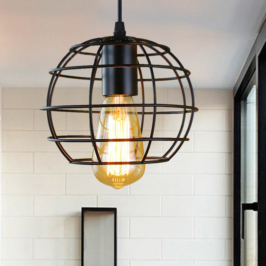 Metal Cage Pendant Light Farmhouse Style 6"/7" Wide 1 Head Balcony Ceiling Fixture with Globe Shade in Black Black 7" Clearhalo 'Art Deco Pendants' 'Black' 'Cast Iron' 'Ceiling Lights' 'Ceramic' 'Crystal' 'Industrial Pendants' 'Industrial' 'Metal' 'Middle Century Pendants' 'Pendant Lights' 'Pendants' 'Rustic Pendants' 'Tiffany' Lighting' 5056