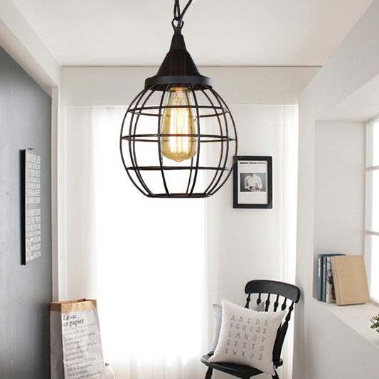 Metal Cage Pendant Light Farmhouse Style 6"/7" Wide 1 Head Balcony Ceiling Fixture with Globe Shade in Black Clearhalo 'Art Deco Pendants' 'Black' 'Cast Iron' 'Ceiling Lights' 'Ceramic' 'Crystal' 'Industrial Pendants' 'Industrial' 'Metal' 'Middle Century Pendants' 'Pendant Lights' 'Pendants' 'Rustic Pendants' 'Tiffany' Lighting' 5062