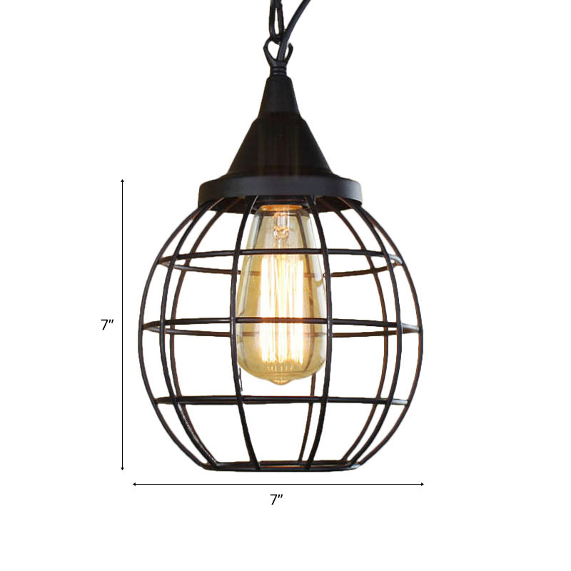 Metal Cage Pendant Light Farmhouse Style 6"/7" Wide 1 Head Balcony Ceiling Fixture with Globe Shade in Black Clearhalo 'Art Deco Pendants' 'Black' 'Cast Iron' 'Ceiling Lights' 'Ceramic' 'Crystal' 'Industrial Pendants' 'Industrial' 'Metal' 'Middle Century Pendants' 'Pendant Lights' 'Pendants' 'Rustic Pendants' 'Tiffany' Lighting' 5064