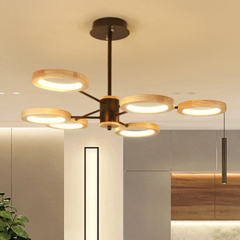 Wood Sputnik Chandelier Pendant Light Modern 3/5/6 Lights Black Led Hanging Ceiling Lamp in Natural Light Clearhalo 'Ceiling Lights' 'Chandeliers' Lighting' options 506454