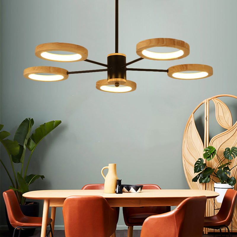Wood Sputnik Chandelier Pendant Light Modern 3/5/6 Lights Black Led Hanging Ceiling Lamp in Natural Light 5 Wood Clearhalo 'Ceiling Lights' 'Chandeliers' Lighting' options 506457_f1dccdb3-75f7-4bfc-a35a-a4f1995957b9