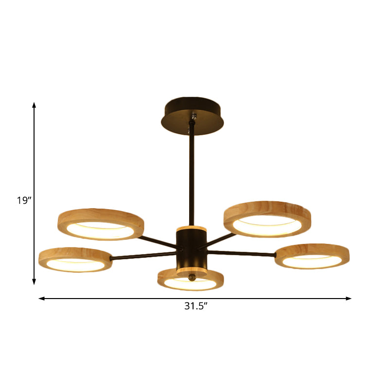 Wood Sputnik Chandelier Pendant Light Modern 3/5/6 Lights Black Led Hanging Ceiling Lamp in Natural Light Clearhalo 'Ceiling Lights' 'Chandeliers' Lighting' options 506460