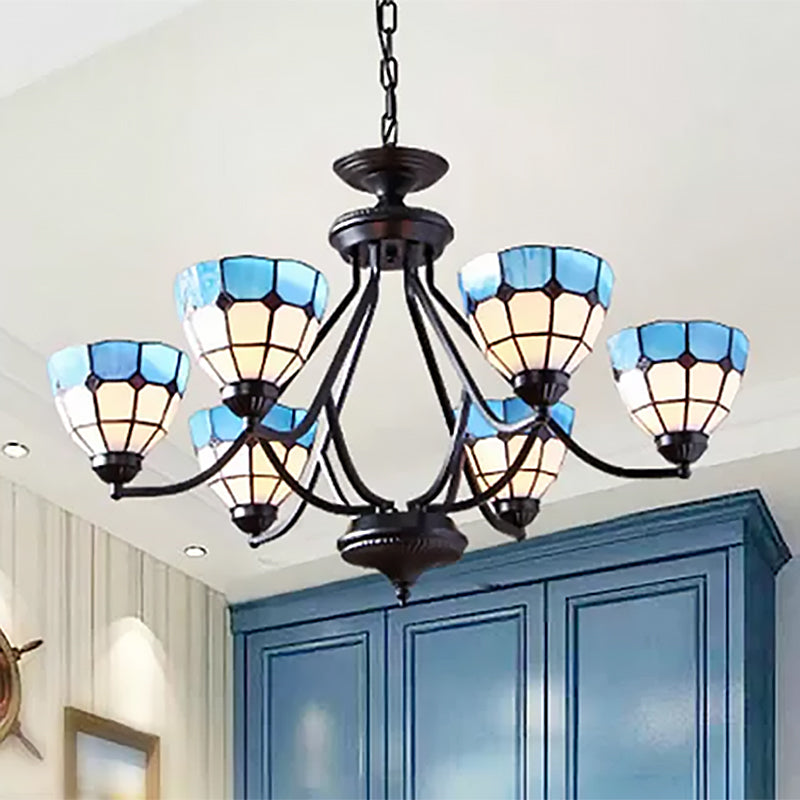 6/8 Lights Upward Chandelier Light with Bowl Shade Stained Glass Tiffany Pendant Light in Blue Clearhalo 'Ceiling Lights' 'Chandeliers' 'Industrial' 'Middle Century Chandeliers' 'Tiffany Chandeliers' 'Tiffany close to ceiling' 'Tiffany' Lighting' 506465