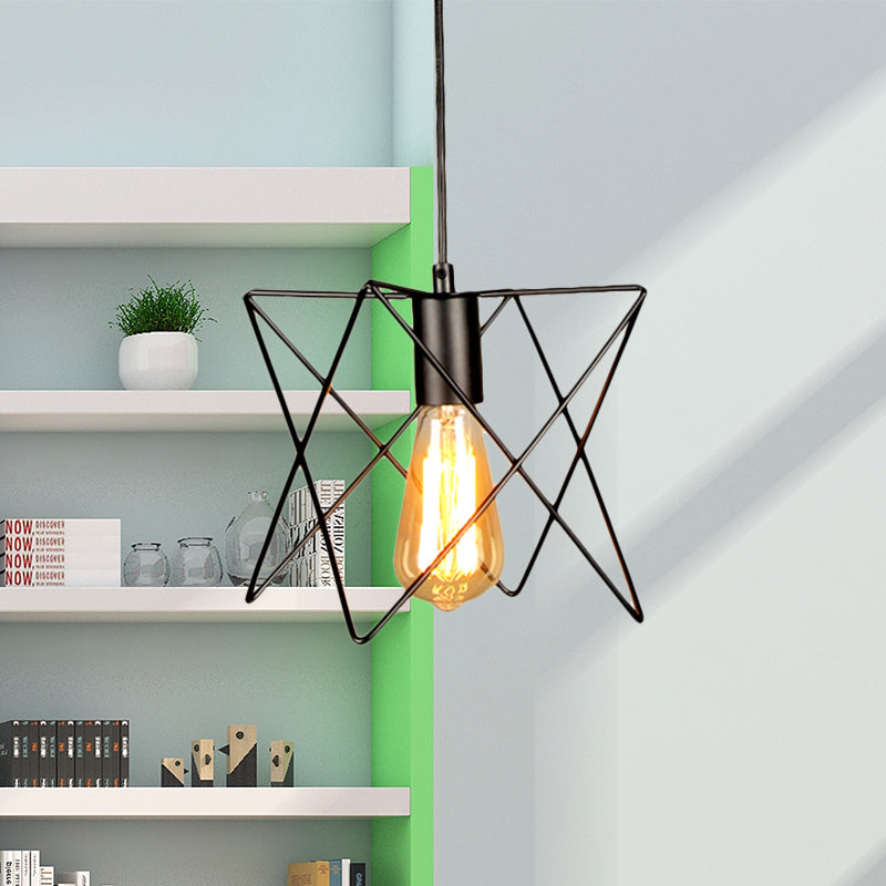 Metal Geometric Ceiling Lighting Industrial 7"/10" W 1 Light Living Room Hanging Lamp with Open Cage Shade in Black Black 7" Clearhalo 'Art Deco Pendants' 'Black' 'Cast Iron' 'Ceiling Lights' 'Ceramic' 'Crystal' 'Industrial Pendants' 'Industrial' 'Metal' 'Middle Century Pendants' 'Pendant Lights' 'Pendants' 'Rustic Pendants' 'Tiffany' Lighting' 5072