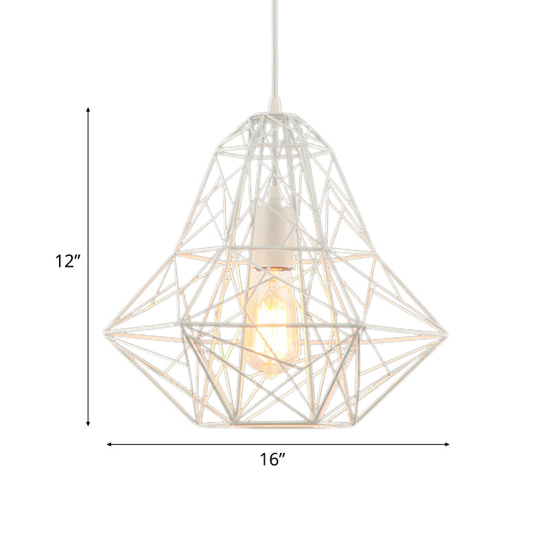 Industrial Cage Diamond Pendant Lighting 1 Head Metallic Hanging Lamp in Black/White for Dining Room, 16"/19.5" Dia Clearhalo 'Art Deco Pendants' 'Black' 'Cast Iron' 'Ceiling Lights' 'Ceramic' 'Crystal' 'Industrial Pendants' 'Industrial' 'Metal' 'Middle Century Pendants' 'Pendant Lights' 'Pendants' 'Rustic Pendants' 'Tiffany' Lighting' 5089