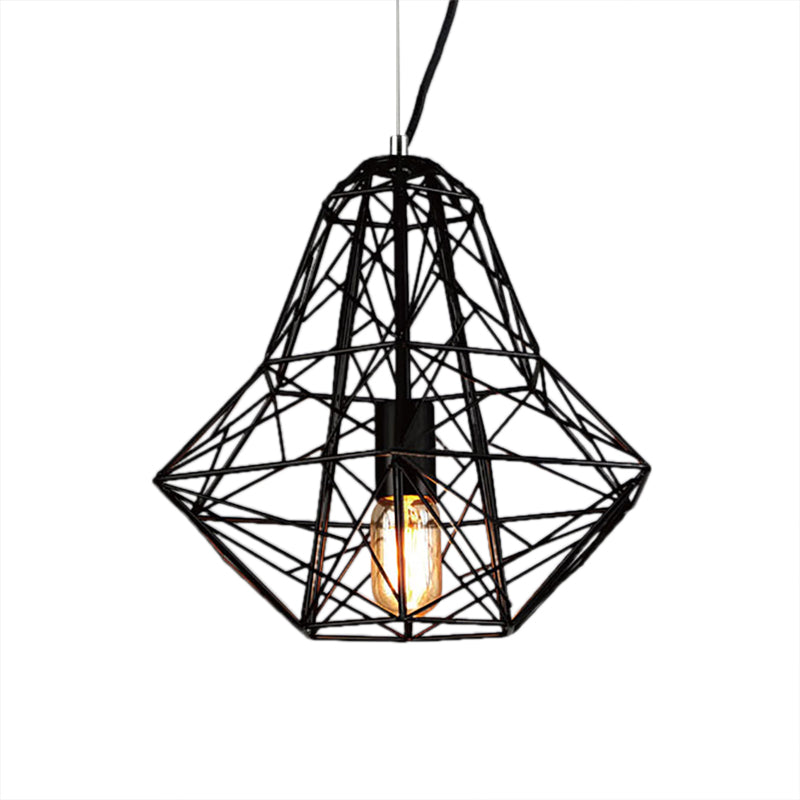 Industrial Cage Diamond Pendant Lighting 1 Head Metallic Hanging Lamp in Black/White for Dining Room, 16"/19.5" Dia Clearhalo 'Art Deco Pendants' 'Black' 'Cast Iron' 'Ceiling Lights' 'Ceramic' 'Crystal' 'Industrial Pendants' 'Industrial' 'Metal' 'Middle Century Pendants' 'Pendant Lights' 'Pendants' 'Rustic Pendants' 'Tiffany' Lighting' 5092