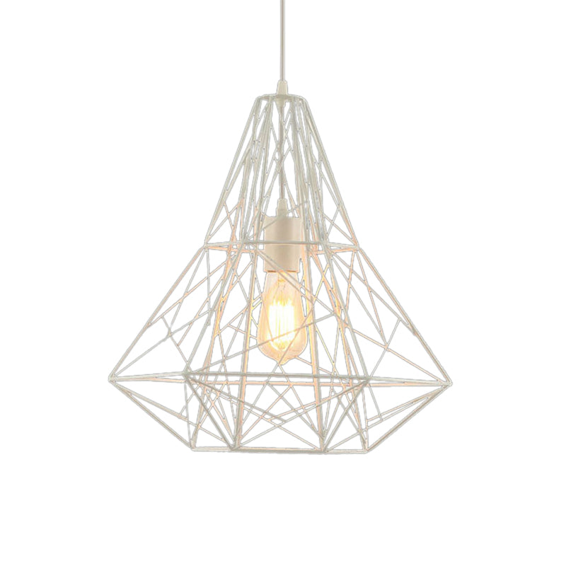 Industrial Cage Diamond Pendant Lighting 1 Head Metallic Hanging Lamp in Black/White for Dining Room, 16"/19.5" Dia Clearhalo 'Art Deco Pendants' 'Black' 'Cast Iron' 'Ceiling Lights' 'Ceramic' 'Crystal' 'Industrial Pendants' 'Industrial' 'Metal' 'Middle Century Pendants' 'Pendant Lights' 'Pendants' 'Rustic Pendants' 'Tiffany' Lighting' 5095