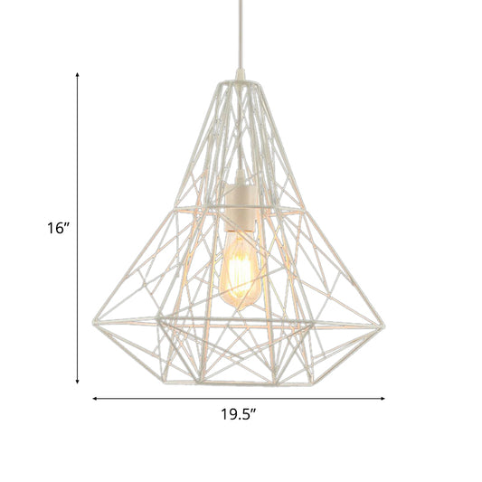 Industrial Cage Diamond Pendant Lighting 1 Head Metallic Hanging Lamp in Black/White for Dining Room, 16"/19.5" Dia Clearhalo 'Art Deco Pendants' 'Black' 'Cast Iron' 'Ceiling Lights' 'Ceramic' 'Crystal' 'Industrial Pendants' 'Industrial' 'Metal' 'Middle Century Pendants' 'Pendant Lights' 'Pendants' 'Rustic Pendants' 'Tiffany' Lighting' 5096