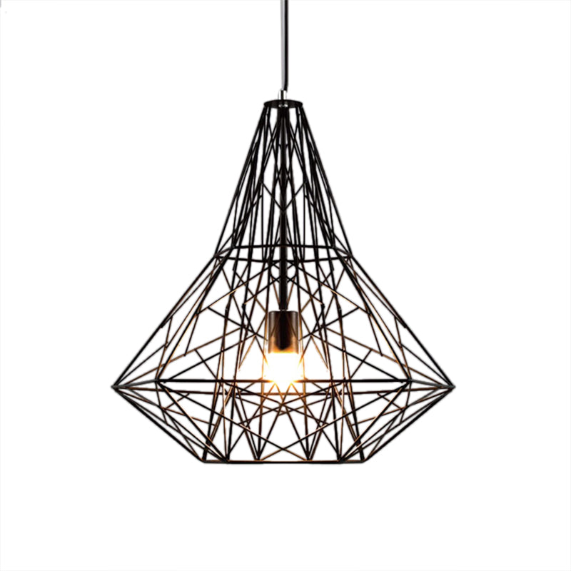 Industrial Cage Diamond Pendant Lighting 1 Head Metallic Hanging Lamp in Black/White for Dining Room, 16"/19.5" Dia Clearhalo 'Art Deco Pendants' 'Black' 'Cast Iron' 'Ceiling Lights' 'Ceramic' 'Crystal' 'Industrial Pendants' 'Industrial' 'Metal' 'Middle Century Pendants' 'Pendant Lights' 'Pendants' 'Rustic Pendants' 'Tiffany' Lighting' 5098