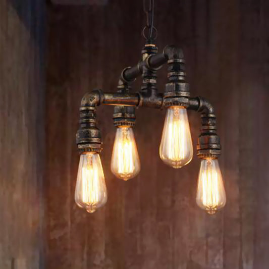 4 Lights 2-Layer Water Pipe Pendant Industrial Rust Metal Hanging Chandelier for Restaurant Rust Clearhalo 'Cast Iron' 'Ceiling Lights' 'Chandeliers' 'Industrial Chandeliers' 'Industrial' 'Metal' 'Middle Century Chandeliers' 'Rustic Chandeliers' 'Tiffany' Lighting' 510724