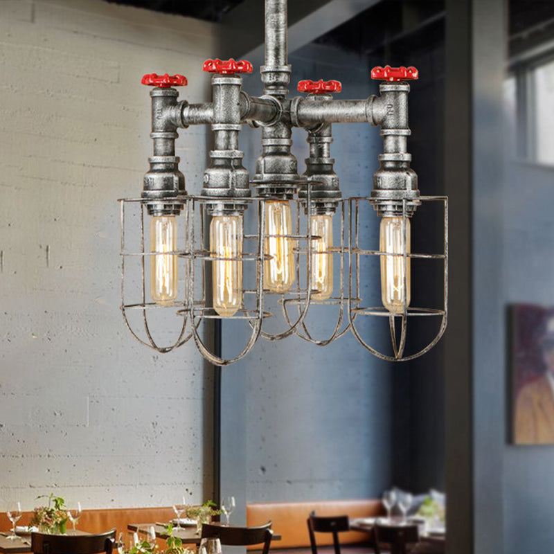 Silver 5 Heads Hanging Lighting Antiqued Metallic Piping Chandelier Pendant Lamp with Wire Cage Silver Clearhalo 'Cast Iron' 'Ceiling Lights' 'Chandeliers' 'Industrial Chandeliers' 'Industrial' 'Metal' 'Middle Century Chandeliers' 'Rustic Chandeliers' 'Tiffany' Lighting' 510734