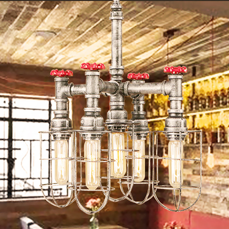 Silver 5 Heads Hanging Lighting Antiqued Metallic Piping Chandelier Pendant Lamp with Wire Cage Clearhalo 'Cast Iron' 'Ceiling Lights' 'Chandeliers' 'Industrial Chandeliers' 'Industrial' 'Metal' 'Middle Century Chandeliers' 'Rustic Chandeliers' 'Tiffany' Lighting' 510735
