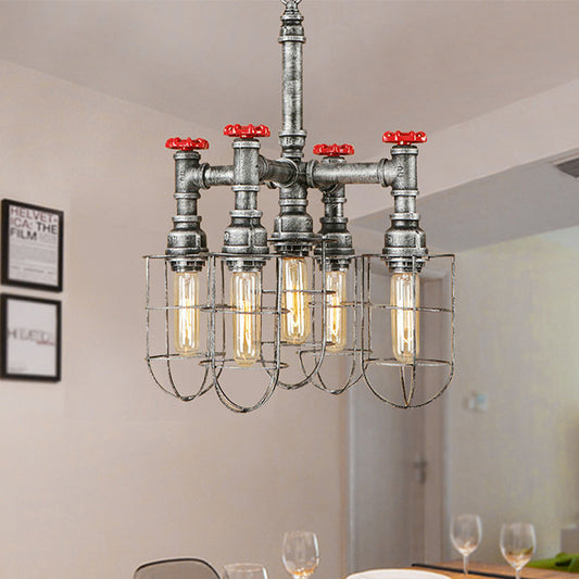 Silver 5 Heads Hanging Lighting Antiqued Metallic Piping Chandelier Pendant Lamp with Wire Cage Clearhalo 'Cast Iron' 'Ceiling Lights' 'Chandeliers' 'Industrial Chandeliers' 'Industrial' 'Metal' 'Middle Century Chandeliers' 'Rustic Chandeliers' 'Tiffany' Lighting' 510736