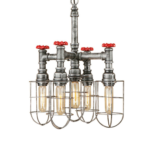 Silver 5 Heads Hanging Lighting Antiqued Metallic Piping Chandelier Pendant Lamp with Wire Cage Clearhalo 'Cast Iron' 'Ceiling Lights' 'Chandeliers' 'Industrial Chandeliers' 'Industrial' 'Metal' 'Middle Century Chandeliers' 'Rustic Chandeliers' 'Tiffany' Lighting' 510737