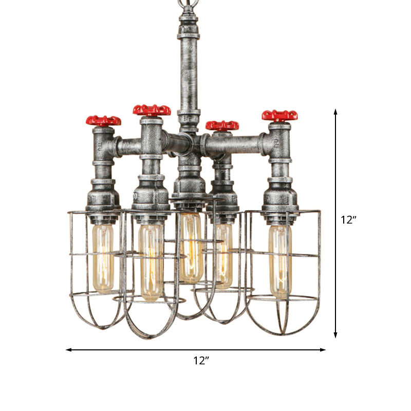 Silver 5 Heads Hanging Lighting Antiqued Metallic Piping Chandelier Pendant Lamp with Wire Cage Clearhalo 'Cast Iron' 'Ceiling Lights' 'Chandeliers' 'Industrial Chandeliers' 'Industrial' 'Metal' 'Middle Century Chandeliers' 'Rustic Chandeliers' 'Tiffany' Lighting' 510738