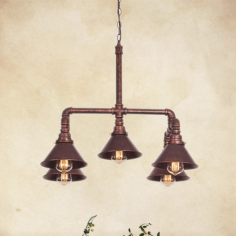 Metal Cone Pendant Chandelier Farmhouse 5-Bulb Living Room Ceiling Hang Fixture in Black/Bronze Bronze Clearhalo 'Cast Iron' 'Ceiling Lights' 'Chandeliers' 'Industrial Chandeliers' 'Industrial' 'Metal' 'Middle Century Chandeliers' 'Rustic Chandeliers' 'Tiffany' Lighting' 510739