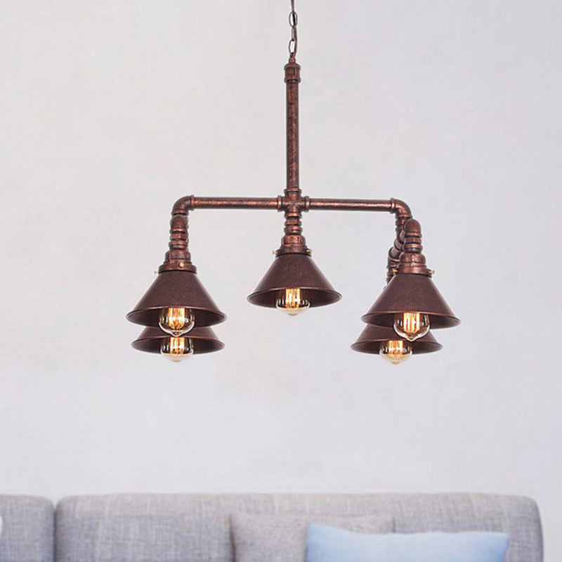 Metal Cone Pendant Chandelier Farmhouse 5-Bulb Living Room Ceiling Hang Fixture in Black/Bronze Clearhalo 'Cast Iron' 'Ceiling Lights' 'Chandeliers' 'Industrial Chandeliers' 'Industrial' 'Metal' 'Middle Century Chandeliers' 'Rustic Chandeliers' 'Tiffany' Lighting' 510741
